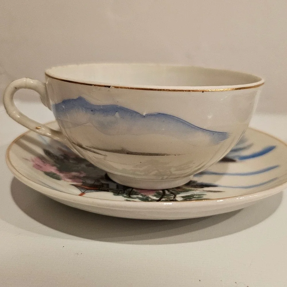 Vintage Japanese Lithophane Porcelain Tea Cup Saucer Set 4 Geisha Pagoda Gold